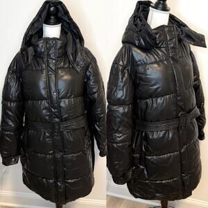Fashion To Figure Plus Size Wet Look Belted Puffer Coat In Black Size 1X